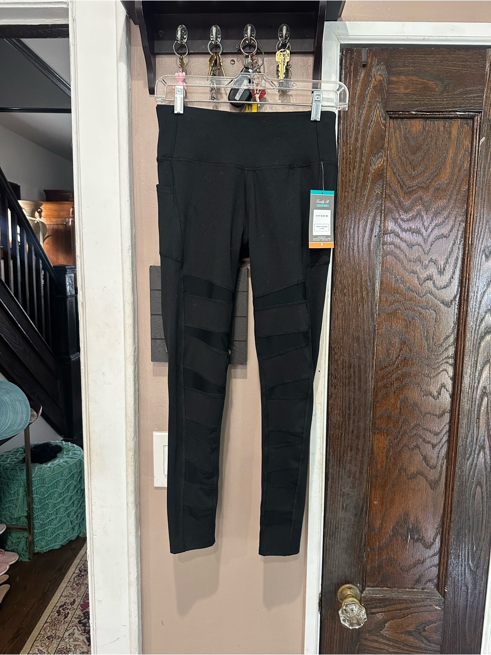 Women's Black High-Waist Leggings with Mesh Strip Detail